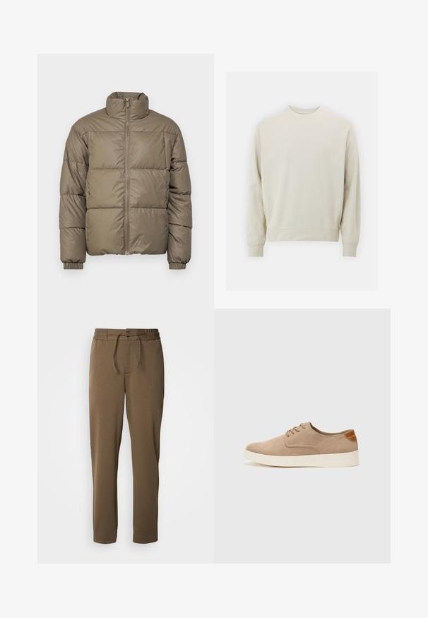 Puhasta jakna v olivno zeleni barvi, z visokim ovratnikom, sprednjim zadrgo in elastičnimi manšetami. Tkanina je gladka s šivanimi paneli.; Svetlo bež sweatshirt iz mehkega blaga s krožnim izrezom, dolgimi rokavi ter rebrastimi manšetami in robom. Minimalističen dizajn, brez vidnih vzorcev.; Rjave, tapered trenirke z elastičnim pasom in vrvico. Mehka, gladka tekstura, z stranskimi žepi in preprostim dizajnom.; Bež tkanine usnjene superge z zaobljenim nosom, vezalkami na sprednji strani in teksturiranim zadnjim detajlom. Belo gumijasto podplato zagotavlja kontrast. Enostaven in sodoben dizajn.
