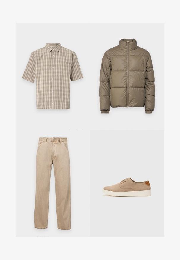 Puhasta jakna v olivno zeleni barvi, z visokim ovratnikom, sprednjim zadrgo in elastičnimi manšetami. Tkanina je gladka s šivanimi paneli.; Kratka srajca s kratkimi rokavi v bež in beli barvi, z ovratnikom, gumbi in žepom na prsih. Narejena iz teksturirane tkanine.; Beige jeans iz džinsa s ravnim nogavicama, ki imajo sprednje žepe, kovinsko zapiranje in subtilno teksturo.; Bež tkanine usnjene superge z zaobljenim nosom, vezalkami na sprednji strani in teksturiranim zadnjim detajlom. Belo gumijasto podplato zagotavlja kontrast. Enostaven in sodoben dizajn.