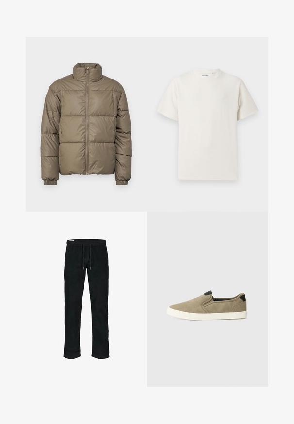 Kaput za napuhavanje u maslinasto zelenoj boji, s visokim ovratnikom, prednjim zatvaračem i elastičnim manžetama. Tkanina je glatka s ušivenim panelima.; Bijela kratka majica s kratkim rukavima u rebrastoj teksturi. Okrugli izrez, ležeran kroj, bez vidljivih uzoraka ili akcenta. Jednostavan i svestran dizajn.; Crne korduroy hlače s elastičnim pojasom, podesivom užeom, sužavajućim nogavicama i suptilnom vertikalnom rebrastom teksturom.; Taupe slip-on cipele s teksturiranim gornjim dijelom, kontrastnim crnim akcentom na peti i bijelim gumenim potplatom. Perforirani dizajn za prozračnost.