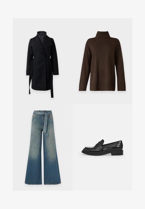 Melna vilnas maisījuma mētela ar aptverošu dizainu, kas izceļas ar pūkainu apkakli, garām piedurknēm un sānu saitēm pielāgojamas piegulšanas nodrošināšanai. Mīksta tekstūra, bez raksta.; Brūns adīts džemperis ar augstu ribotu apkakli, platām piedurknēm un mīkstu tekstūru. Iespējota brīva piegriezuma forma un riboti akcenti uz piedurknēm.; Platām kājām džinsu bikses ar gaismas līdz tumši zilam gradientam, augstu jostas līniju, jostas cilpām un atbilstošu auduma jostu. Tekstūrēts džinsas apdare.; Melnas lakota ādas loafer bikses ar noapaļotu purngalu, dekoratīvu siksniņu augšpusē un zemu bloku papēdi. Gluda, spīdīga virsma.