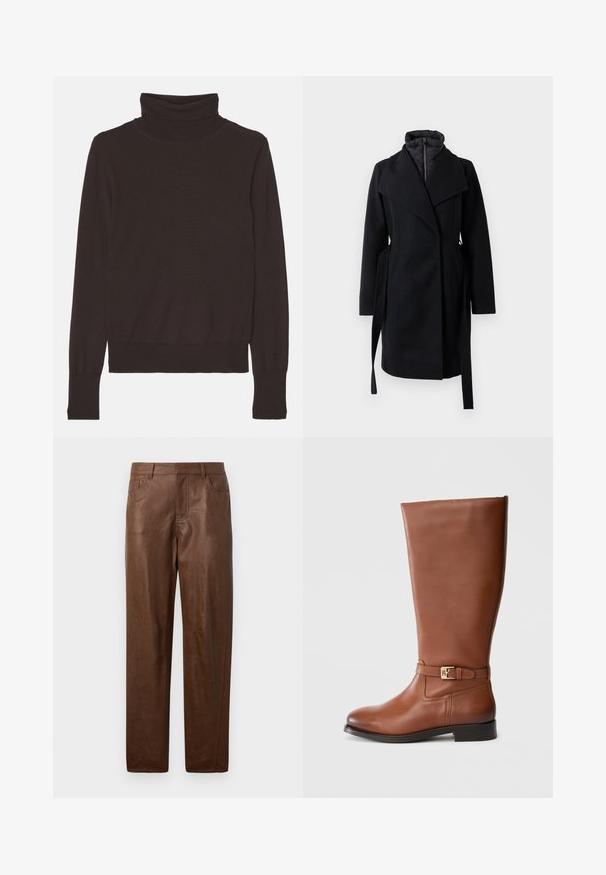 Sort uldblandingsfrakke med omslagdesign, der har en puffet krave, lange ærmer og sidebånd til justering af pasformen. Blød tekstur, ingen mønster.; Filippa K TURTLE NECK - Striktrøje - mocha; Brune læderbukser med en glat tekstur, lige ben-design og to sidelommer. Har synlige stikningsdetaljer.; Brun læderstøvle til knæet med lige design, flad sål og guldfarvet spænde ved anklen. Glat tekstur, minimal syning.