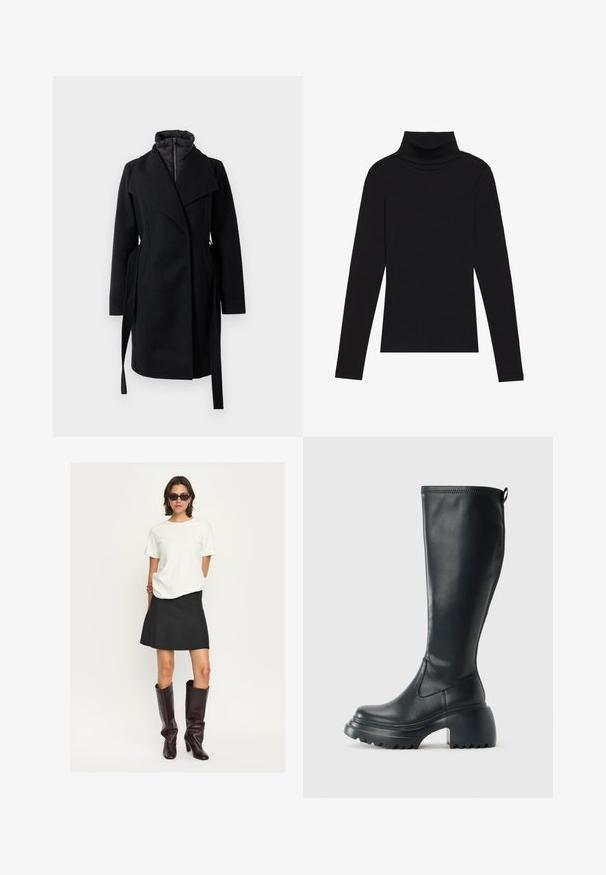 Zwarte wolmix jas met een wikkelontwerp, voorzien van een pufferkraag, lange mouwen en zijstrikjes voor een verstelbare pasvorm. Zachte textuur, geen patroon.; Zwarte turtleneck met lange mouwen, gemaakt van ribbelstof, heeft een aansluitend ontwerp met een hoge hals en geen patronen of accenten.; Witte korte mouwen top gecombineerd met een zwarte flared mini rok en glanzende donkerbruine kniehoogte laarzen. De outfit heeft schone lijnen en texturen.; Hoge zwarte leren laars met een chunky plateauzool en blokhak, voorzien van een trekband en een gestructureerd profiel op de buitenzool.