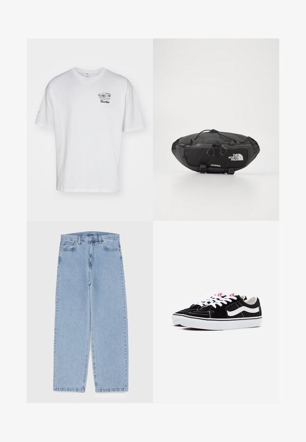 Melna polāra jaka ar augstu apkakli, pilnu priekšējo rāvējslēdzēju un krūšu kabatu. Iespējama tekstūrēta, mīksta virsma un logo uz kabatas.; Balta kokvilnas T-kreklā ar īsām piedurknēm, kas priekšpusē uz kreisā krūšu apgabala attēlo pelēku zīmētu Porsche automobili un tekstu "turbo".; Gai zila džinsu bikses ar taisnu kāju dizainu, kas piedāvā vidēju vidukļa augstumu, piecas kabatas un pogas un rāvējslēdzēja aizdari.; Melnas zamšādas sporta apavi ar baltām šņorēm, ar izteiksmīgu baltu sānu joslu un melnu gumijas zoli, izceļoties ar kontrastējošām dūrienu detaļām.; The North Face TERRA LUMBAR 3L UNISEX - Jostas soma - asphalt grey/black