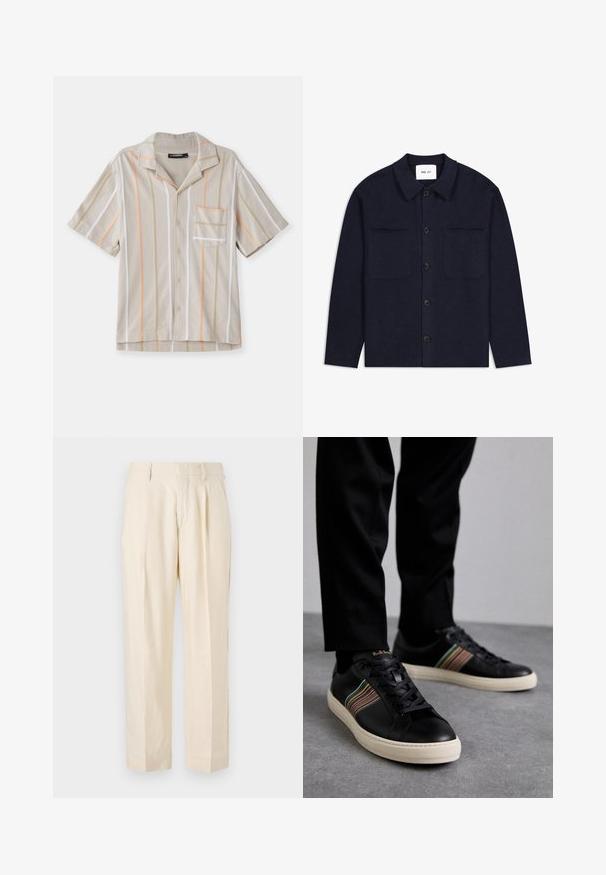 Navy wool shirt jacket with a collar, front button closure, two chest pockets, and long sleeves. Textured fabric with minimal design.; Short-sleeve shirt in beige with vertical stripes in orange, green, and white. Features a collar and a chest pocket. Textured fabric.; NN.07 KAY - Trousers - off white; Black leather sneakers with multicolored striped accents, round toe, and white rubber soles, featuring lace-up design and embossed branding.