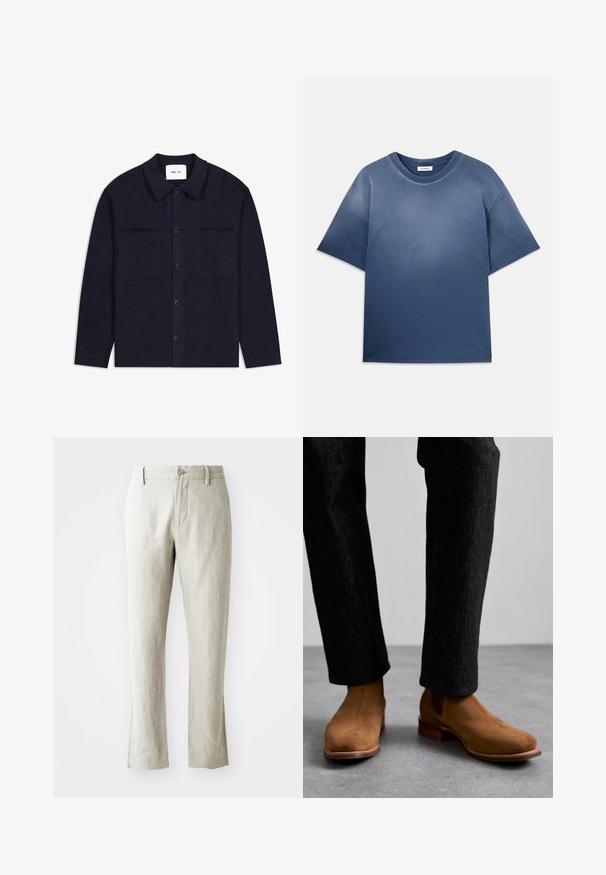 Tengerészkék gyapjú ingdzseki gallérral, elől gombos záródással, két mellzsebbel és hosszú ujjal. Texturált anyag, minimális dizájnnal.; Kék pamut póló, puha tapintással, lazább fazonban, rövid ujjakkal és kerek nyakkivágással. Fokozatos színelhalványulás jellemzi.; Világos bézs len nadrág, egyenes szabással, finom textúrával, elülső gombos záródással és két oldalsó zsebbel. Tiszta sziluett kialakítására készült.; Barna velúr Chelsea csizma, elasztikus oldalsó panelekkel és rakásolt fa sarokkal, sötét, enyhén texturált nadrággal viselve.