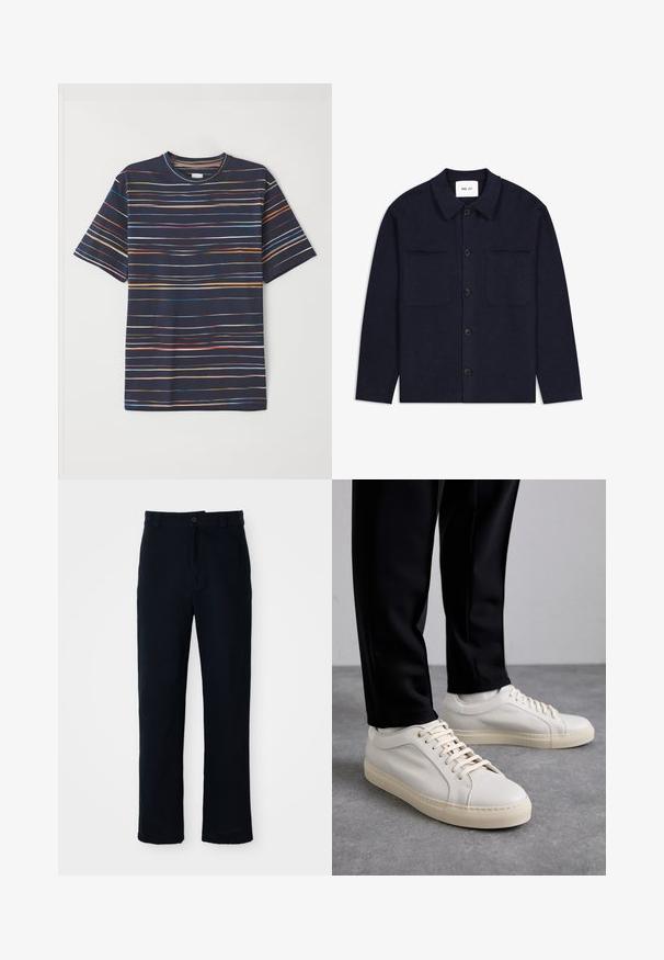 Navy wool shirt jacket with a collar, front button closure, two chest pockets, and long sleeves. Textured fabric with minimal design.; Navy short-sleeve t-shirt featuring horizontal stripes in various colors, round crew neck, soft fabric, and relaxed fit.; Navy blue trousers made of cotton, featuring a straight-leg design, a front button closure, and classic waistband with belt loops.; Light beige leather sneakers with flat laces, a textured surface, and a contrasting cream-colored rubber sole, paired with black tapered pants.