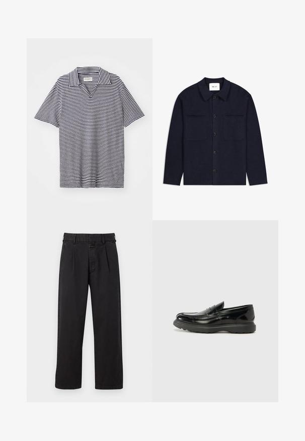 Jachetă cămașă din lână bleumarin, cu guler, închidere frontală cu nasturi, două buzunare pe piept și mâneci lungi. Material texturat cu un design minimal.; Polo cu dungi, cu decolteu în V, având dungi orizontale bleumarin și albe, mâneci scurte și un material moale, ușor.; Pantaloni din bumbac negri, cu croială dreaptă, având un față plisată, bucle pentru centură și închidere cu nasture. Textură netedă, fără modele.; Mocasin din piele neagră cu o finisare lucioasă, vârf rotunjit, detalii de cusătură subtile și o talpă groasă din cauciuc pentru durabilitate.