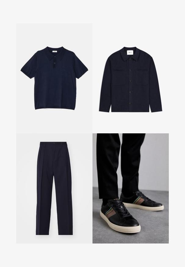 Námořnická vlněná košile s límečkem, předním zapínáním na knoflíky, dvěma náprsními kapsami a dlouhými rukávy. Texturovaná tkanina s minimálním designem.; sandro Polotričko - marine; Námorně modré, upravené kalhoty s rovnými nohavicemi, sklady v přední části, zapínání na knoflík a bez viditelných kapes. Hladká textura látky.; Černé kožené tenisky s barevnými pruhovanými akcenty, kulatou špičkou a bílou gumovou podrážkou, s designem na šněrování a embosovaným brandingem.