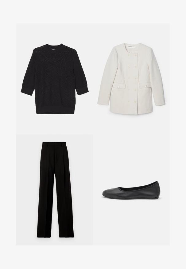 Doppelreihiger weißer Mantel aus strukturiertem Stoff, mit rundem Kragen und zwei Fronttaschen, die dekorative Knopfakzente aufweist.; Schwarzer Strickpullover mit einem strukturierten Zickzackmuster, Rundhalsausschnitt und drei Viertel langen Ärmeln mit gerippten Bündchen.; Schwarze, weit geschnittene Hosen aus glattem Stoff, mit hoher Taille, Vorderfalten und einem sauberen, maßgeschneiderten Design ohne Verzierungen.; Schwarze Leder-Ballettschuhe mit abgerundeter Spitze, glatter Textur, minimalen Nähdetails und einem flexiblen Sohlen-Design.