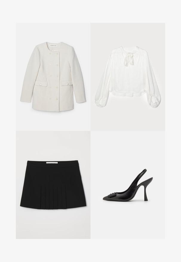 Cappotto bianco doppiopetto con tessuto a trama, colletto rotondo e due tasche frontali, caratterizzato da dettagli decorativi con bottoni.; Blusa bianca con scollo rotondo e dettaglio a fiocco annodato. Presenta maniche lunghe e svasate con polsini arricciati e una vestibilità ampia. Tessuto morbido e leggero.; Gonna nera plissettata con vita liscia. Realizzata in un tessuto leggero, presenta pieghe verticali che aggiungono texture e dettagli.; Scarpa a slingback nera in pelle con punta affilata, tacco alto e sottile, e un accentuato adorabile fiocco decorativo. Texture liscia e design elegante.