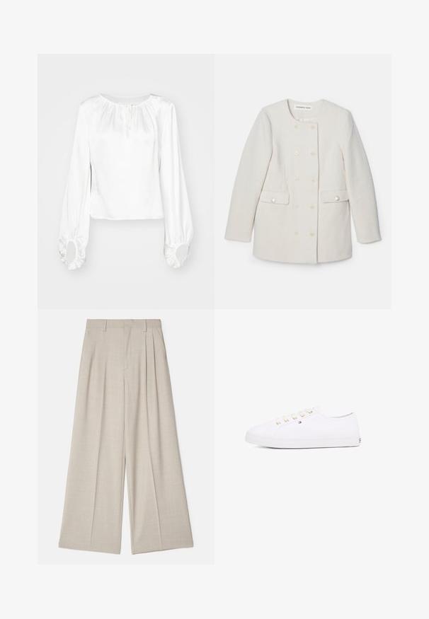 Double-breasted white coat with a textured fabric, round collar, and two front pockets, featuring decorative button accents.; White long-sleeve blouse in smooth fabric, featuring a gathered neckline, drawstring detail, and elasticized cuffs with round openings.; Beige wide-leg trousers with a smooth texture, featuring front pleats, a flat waistband, and a tailored design for a loose fit.; White canvas sneaker with gold eyelets, flat laces, textured rubber sole, and minimal branding on the side. Low-profile design.