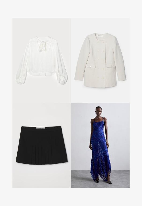 Dvojno zakopčan bel plašč iz teksturirane tkanine, okrogel ovratnik in dve sprednji žepki, s dekorativnimi gumbi.; Bela bluzica s okruglim izrezom i detaljem vezivanja mašnom. Ima duge, napuhane rukave s nabranim manžetama i opušteni kroj. Mekani, lagani materijal.; Črna nabrana krila s gladkim pasom. Narejena iz lahkega blaga, vključno z navpičnimi nabranimi detajli, ki dodajo teksturo in poudarek.; Maxi obleka z živalskim vzorcem v modri in vijolični barvi, s tankimi naramnicami, oprijetim pasom, razširjenim robom in prosojnimi detajli.