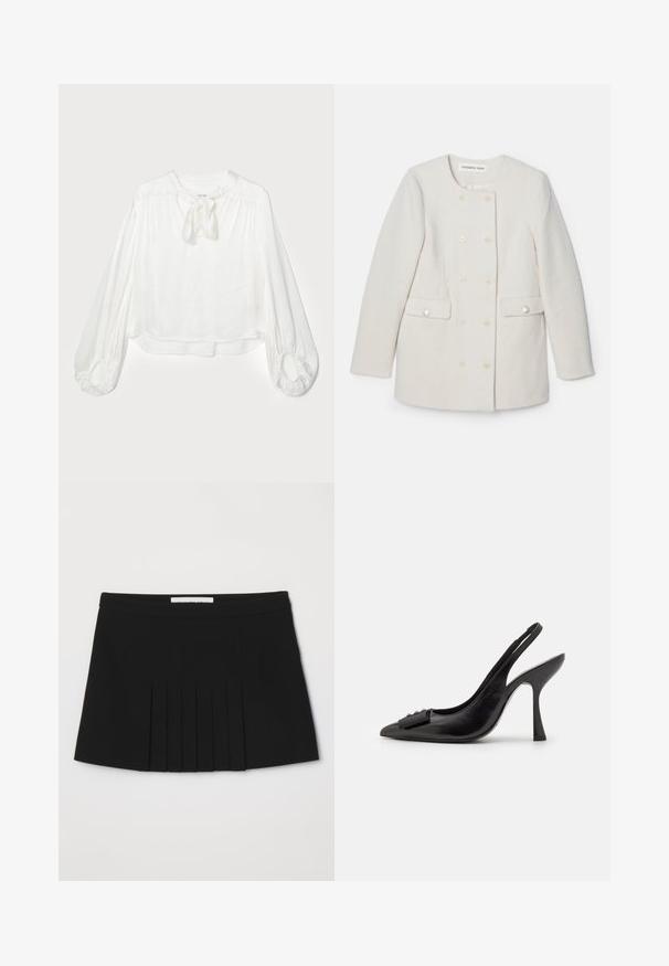 Dubbelzijdige witte jas van een textuurstof, met een ronde kraag en twee voorzakken, voorzien van decoratieve knoopaccenten.; Witte blouse met een ronde halslijn en een gestrikt strikdetail. Heeft lange, puffed mouwen met gathered manchetten en een losse pasvorm. Zachte, lichte stof.; Zwarte geplisseerde rok met een gladde tailleband. Gemaakt van een lichtgewicht stof en voorzien van verticale plooien die textuur en detail toevoegen.; Zwarte leren slingback schoen met een spitse neus, slanke hoge hak en een decoratieve strikaccent. Gladde textuur en elegant ontwerp.