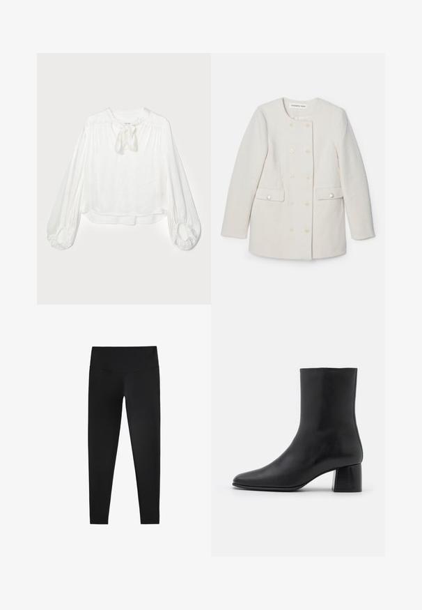 Double-breasted white coat with a textured fabric, round collar, and two front pockets, featuring decorative button accents.; White blouse with a round neckline and a tied bow detail. Features long, puffed sleeves with gathered cuffs and a loose fit. Soft, lightweight fabric.; Black leggings made from stretchy fabric, featuring a high waistband and a smooth texture, designed for comfort and flexibility.; Black leather ankle boot with a pointed toe and a chunky square heel. Smooth texture with a seamless design and minimalistic stitching.