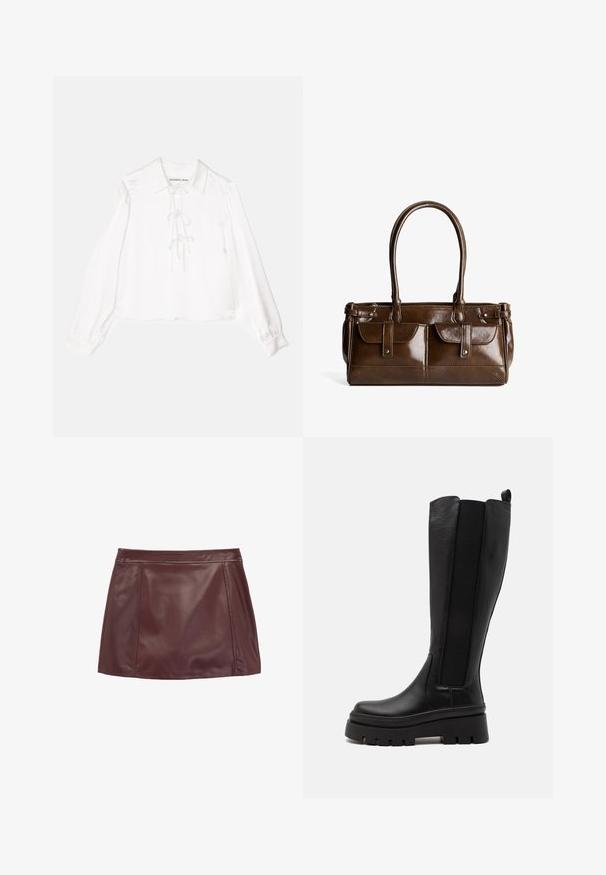 Double-breasted white coat with a textured fabric, round collar, and two front pockets, featuring decorative button accents.; White long-sleeve blouse with a collared neckline, featuring a central lace-up detail, made from smooth fabric. Cuffs are elasticized.; Burgundy leather mini skirt with a smooth texture, featuring a fitted waistband and side panels for structured design.; Black knee-high boot made of smooth leather with elastic side panels, chunky platform sole, and ribbed texture on the base.; Brown synthetic handbag with a glossy finish, featuring two front pockets, stitched accents, and dual handles for carrying.