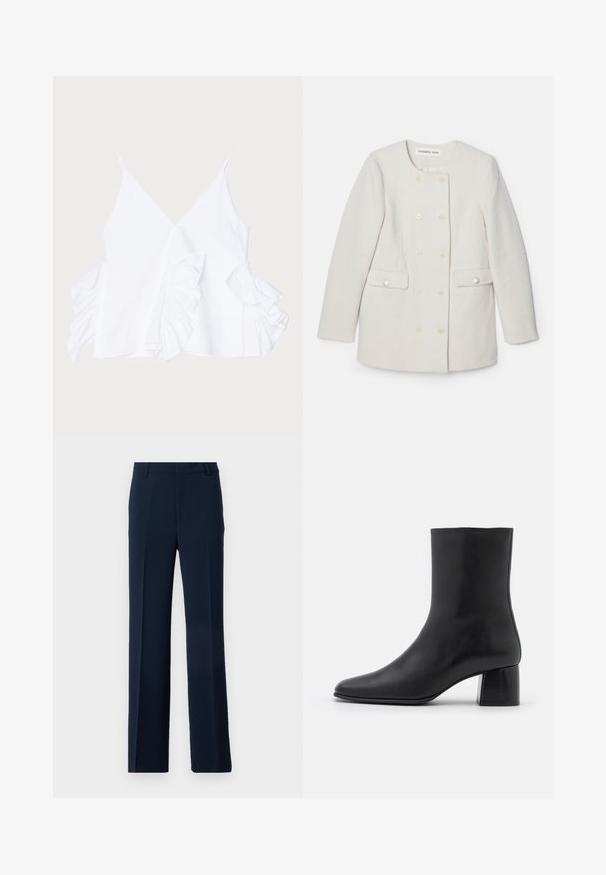 Dubbelzijdige witte jas van een textuurstof, met een ronde kraag en twee voorzakken, voorzien van decoratieve knoopaccenten.; Witte mouwloze top met een diepe V-halslijn en ruches aan beide zijden, gemaakt van gladde stof met een nette afwerking.; Marineblauwe broek van glad stoffen, met een recht model, vooraan geplooid en met zijzakken voor een verfijnde uitstraling.; Zwarte leren enkelboot met een spitse neus en een chunky vierkante hak. Glad oppervlak met een naadloos ontwerp en minimalistische stiksels.