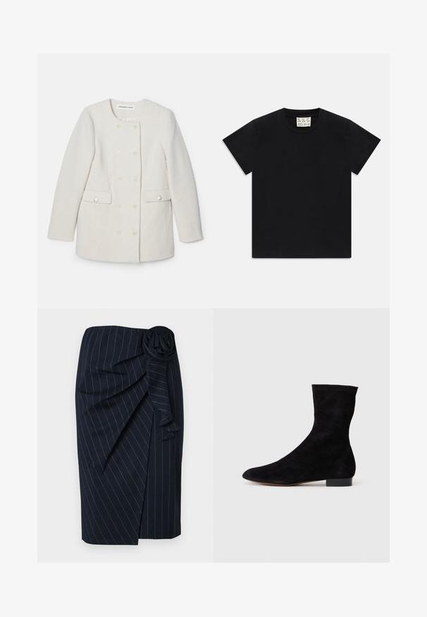 Dvouradový biely kabát s textúrovanou tkaninou, okrúhlym golierom a dvoma prednými vreckami, s dekoratívnymi gombíkmi ako ozdobou.; Čierne tričko s krátkym rukávom a okrúhlym výstrihom s bielou štítkom vo vnútri goliera označeným "D.R.C. EST. 2002" na bielom pozadí.; Námornícky modrá sukňa po kolená s bielymi prúžkami, s prekrývajúcim dizajnom a látkovou detailou v podobe ružičky v páse.; Čierne semišové členkové topánky s priliehavým zvrškom, špicatou špičkou a nízkym blokovým opätkom. Hladká textúra a minimalistický dizajn, vhodné na všestranné kombinovanie.
