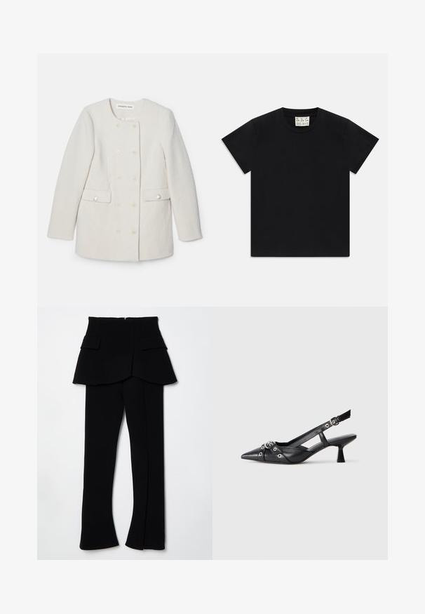 Doppelt gombos fehér kabát strukturált anyagból, kerek gallérral és két elülső zsebbel, díszítő gomb részletekkel.; Fekete, rövid ujjú, kerek nyakú póló fehér címkével a gallér belsejében, amelyen az "D.R.C. EST. 2002" felirat szerepel, fehér háttéren.; Fekete, szabott nadrág, derékon strukturált betéttel, két elülső zsebbel és egyenes lábvonallal. Simább szövettextúra.; Fekete bőr slingback cipő hegyes orral, dekoratív pántokkal, fém szemekkel és alacsony blokk sarkú. Texturált felület.
