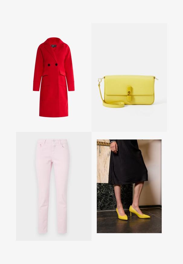 Piros gyapjú keverék kabát, kivágott gallérral, dupla gombolású dizájnnal, két elülső zsebbel és hosszú ujjakkal. Simább textúra és szabott fazon.; Sárga, hosszú ujjú blúz, gallérral, elöl gombos záródással és sima textúrával. Egyszerű dizájn, minta vagy díszítés nélkül.; Világos rózsaszín farmernadrág, slim fit fazonban, gombos és cipzáras záródással, öt zsebes kialakítással és varrási részletekkel.; Sárga lakkbőr magassarkú cipők hegyes orral és vékony stiletto sarkakkal, egy sötét kőpadlón elhelyezve, világos fal háttérrel.; Sárga bőr keresztpántos táska, texturált felülettel. Kattintásos záródással és állítható pánttal rendelkezik. Egyszerű, téglalap alakú.