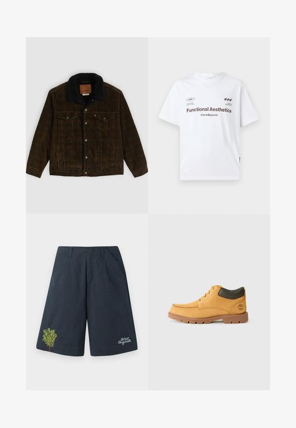 Hnědá kordrová bunda s černým fleecovým límcem, dvěma náprsními kapsami, stříbrnými knoflíky a štítkem na vnitřní straně límce. Měkká texturovaná tkanina.; Bílý bavlněný tričko s krátkým rukávem, s hnědým textem a logy. Jednoduchý kulatý výstřih, mírně volný střih, minimalistický design.; Námořnické modré šortky vyrobené z lehké tkaniny, s výšivkou zeleného stromu a bílým nápisem na pravém dolním rohu.; Žlutá kožená bota s hnědou gumovou podrážkou, kulatou špičkou a zeleným koženým detailem kolem kotníku. Obsahuje zlaté očky a akcenty v šití.
