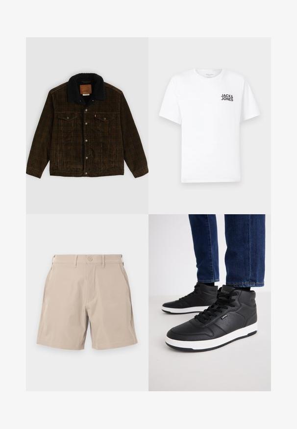 Brun cordfløyeljakke med svart fleecekrage, to brystlommer, sølvknapper og et merke på innsiden av halsen. Mykt teksturert stoff.; Hvit bomull T-skjorte, korte ermer, rund hals. Har svart tekstlogo "JACK & JONES" på venstre brystområde. Enkel, ensfarget design.; Beige shorts laget av lett materiale, med fire lommer og knappelukking, med en glatt tekstur og rett snitt design.; Sorte høye sneakers laget av teksturert lær, med svarte snører, en hvit gummisåle og en liten logo på siden.