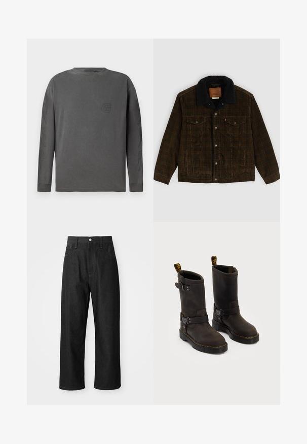 Pruun corduroy jakker musta fliisist kraega, kahe rinna tasku, hõbedaste nööpidega ja sildiga kaela sisekülje peal. Pehme tekstuuriga kangas.; Hallide hallastee T-särk, mis on valmistatud puuvilla segust, ümar kaelus, peene logoga ja abstraktsed disainid varrukatel; pehme tekstuur.; Mustad teksad, millel on mugav lõige, kõrge talje, tõmblukk ja viie tasku disain. Silmatorkavad õmblused üle kogu.; Tumedate pruunid nahast saapad keskmise kannaga, kollased õmblused, reguleeritavad klambrid ja tõmblukud ülaosas. Marmoreeritud viimistlus.