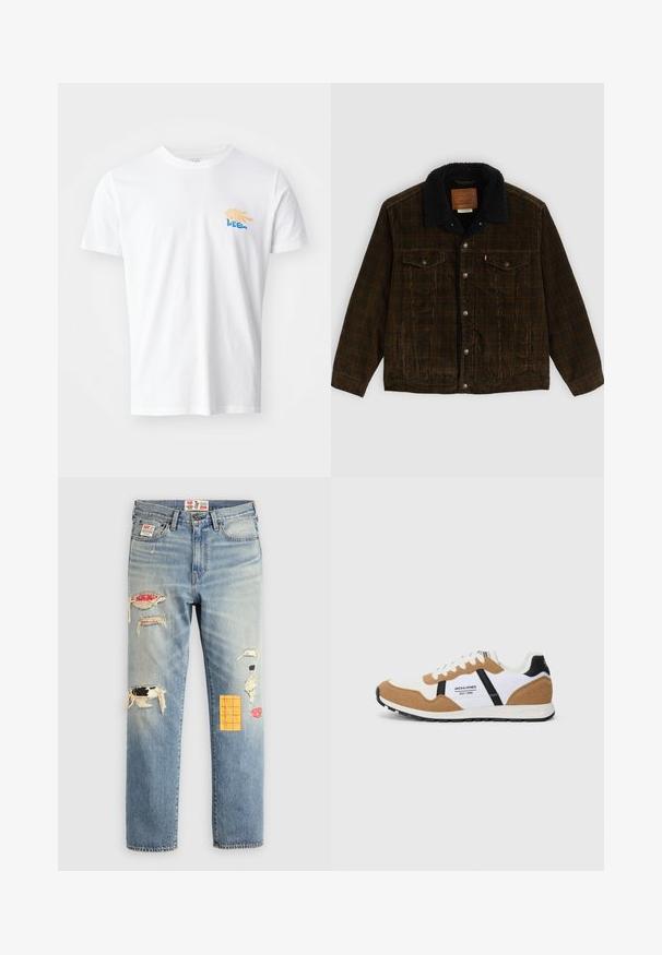 Hnědá kordrová bunda s černým fleecovým límcem, dvěma náprsními kapsami, stříbrnými knoflíky a štítkem na vnitřní straně límce. Měkká texturovaná tkanina.; Bílý bavlněný tričko s kulatým výstřihem a krátkými rukávy. Na hrudi má barevnou grafiku se žlutými a modrými prvky.; Svetle modré džíny s volným střihem, s vybledlými nášivkami v různých barvách a designech, včetně oranžových a červených akcentů.; Retro stylový tenisky s bílou a tan suede, černými akcenty, bílými šňůrkami a logem "Jack & Jones EST. 1990" na boku.