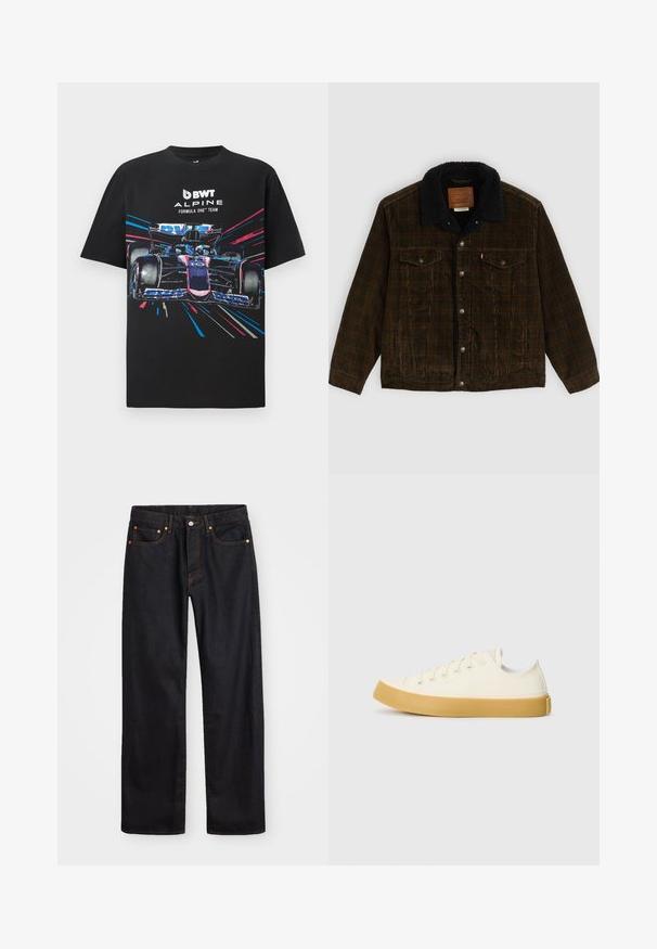 Pruun corduroy jakker musta fliisist kraega, kahe rinna tasku, hõbedaste nööpidega ja sildiga kaela sisekülje peal. Pehme tekstuuriga kangas.; Must värvi puuvilla T-särk, millel on graafiline trükk F1 auto kujutisega, elavate siniste ja roosa aktsentidega, ning tekst "BWT ALPINE FORMULA ONE TEAM".; Meeste sirge jala mustad denim teksad viie taskuga, oranž õmblus, nupu ja tõmblukuga ees nagu vöökoht.; Kangasneakerid kreemjas valges, ümmarguse varbaga, beeži kummitaldaga ja viie silmaga paelte jaoks, tekstuurse viimistlusega ülaserv.