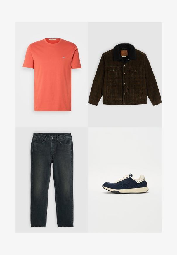 Casaco de veludo cotelê castanho com colarinho em lã preta, dois bolsos no peito, botões prateados e uma etiqueta na parte interna do pescoço. Tecido de textura suave.; T-shirt de algodão de manga curta na cor coral, com decote à crew e um pequeno logótipo bordado no peito. Textura suave e ajuste regular.; Jeans de denim azul-escuro com corte reto, apresentando cinco bolsos, fecho de zip e costura em contraste. Desgaste sutil no tecido.; Tênis azul-marinho com upper de camurça texturizada, atacadores creme e meio-sola bege. Apresenta um design atlético clássico e sola de borracha.