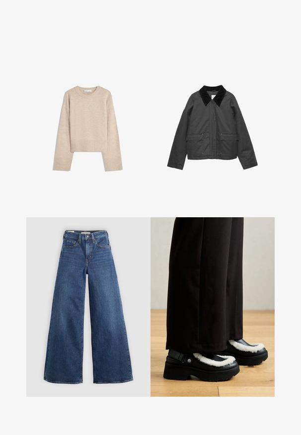 Schwarze Jacke mit einem Cordkragen, zwei vorderen Taschen und einer lockeren Passform. Der Stoff wirkt glatt mit einem leichten Schimmer.; Beige Cropped-Pullover aus weichem Strickmaterial. Er hat einen runden Ausschnitt, lange Ärmel sowie gerippte Bündchen und Saum für zusätzliche Textur.; Weite blaue Jeans aus Denim mit fünf Taschen, einem Knopfverschluss und Kontrastnähten, die eine weiche und strukturierte Oberfläche aufweisen.; Schwarze Plateauschuhe mit einem weißen, pelzigen Saum, runder Spitze und einem Riemen mit einem Metallknopf. Getragen mit schwarzen Hosen auf einem Holzboden.