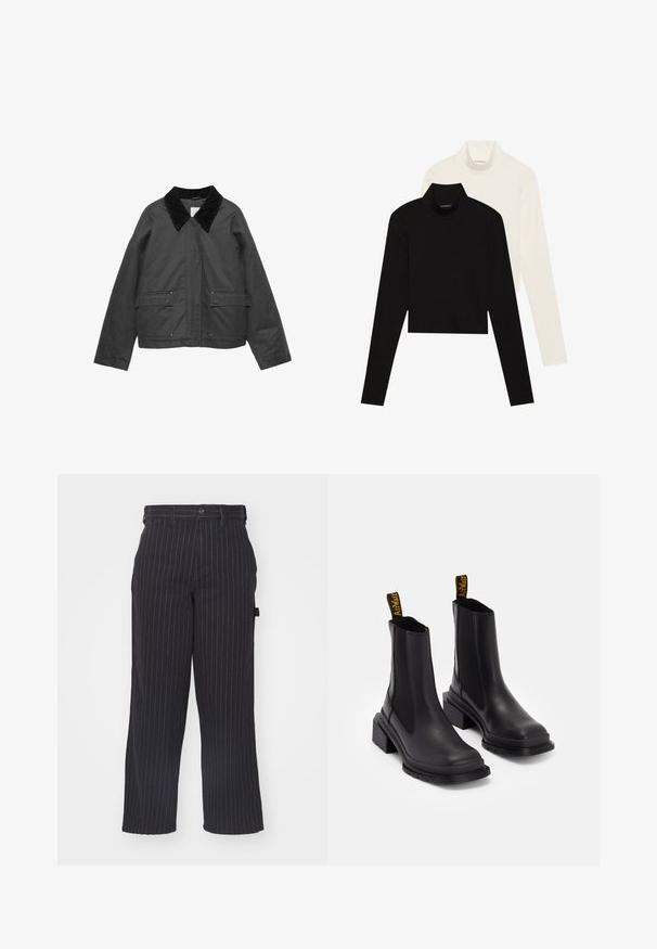 Čierna bunda s kordovým golierom, dvoma prednými vreckami a voľným strihom. Tkanina vyzerá hladko s jemným leskom.; Dvaja roláky s dlhým rukávom, jeden čierny a jeden biely, v priliehavom dizajne vyrobené z hladkej, elastickej látky.; Čierne pruhované nohavice z textúrovanej látky so strihom rovného strihu, so zapínaním na gombík a pútkami na opasok.; Čierne členkové topánky vyrobené z hladkej kože s elastickými bočnými panelmi, štvorcovou špičkou a masívnym podpätkom. Majú žlté značkové úchyty na ťahanie.