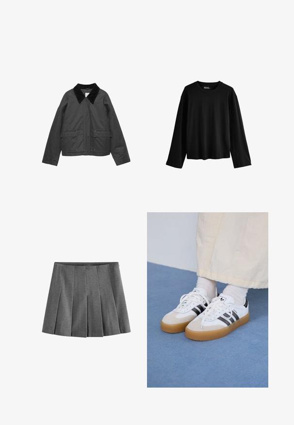 Zwarte jas met een corduroy kraag, twee voorzakken en een relaxte pasvorm. De stof lijkt glad met een lichte glans.; Zwarte langarm T-shirt van zacht katoen. Beschikt over een ronde halslijn, een relaxed fit en een minimalistisch ontwerp zonder patronen of versieringen.; Grijze geplooide rok van zachte stof, met gelijkmatig verdeelde mesplooien en een tailleband voor een strakke pasvorm.; Witte sneakers met zwarte strepen en beige suède accenten. Voorzien van een gestructureerde gumzool en platte witte veters, gedragen met lichtgekleurde sokken.