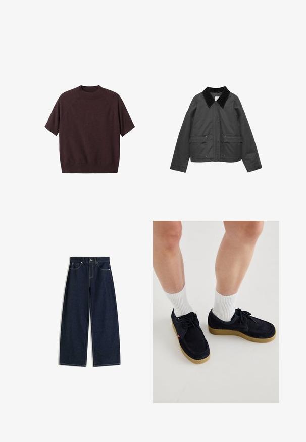 Crna jakna s ukošenim ovratnikom, dva prednja džepa i opušteni kroj. Tkanina izgleda glatko s blagim sjajem.; Pulover kratkih rukava u tamno burgundskom pletenju. Ima rebrasti okrugli izrez i opuštenu siluetu, s raglan rukavima i glatkom teksturom.; Tamnoplave široke traper hlače s prednjim džepovima, kopčanjem na gumbe i vidljivim šavovima na bijeloj pozadini.; Mornje plave antilop cipele s okruglim prstom, dizajnom na vezanje i kremasto bijelim gumenim đonom. Uparene s bijelim rebrastim čarapama do gležnja.