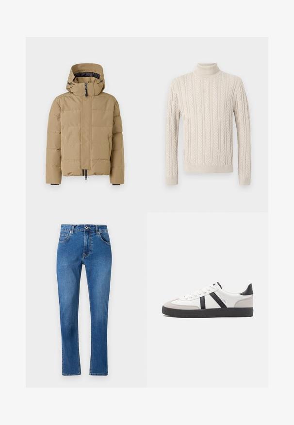 Beige dunsjakke med avtagbar hette, glidelås foran og sømde paneler. Har elastiske mansjetter og en glatt utvendig overflate.; Beige, strikket genser med høy, ribbestrikket turtleneck. Har et strukturert mønster med kabel og ribbestrikkede mansjetter og kant, som gir et koselig utseende.; Blå denimjeans med rett ben design, fem lommer og synlige sømdetaljer. Materialet viser en lett falming. Klassisk stil.; Hvite sneakers med svarte og grå detaljer, med en teksturert grå tåhette, svart gummisåle, og flate hvite lisser. Rent design, minimalistisk stil.