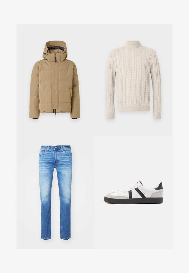 Beež puffer-jakk, millel on eemaldatav kapuuts, lukuga eesmine osa ja õmblustatud paneelid. Omab elastseid mansette ja sujuvat välispinda.; Beige, kootud sviiter kõrge soonikuline kaelus. Omab tekstuuriga nöörmustrit ning soonikuid varrukaid ja alumist äärt, pakkudes hubast välimust.; Levi's® 511 SLIM - Sirgete säärtega teksad - always adapt; Valged tossud mustade ja hallide aktsentidega, tekstureeritud halli varbakattega, musta kummitald ja lamedad valged paelad. Puhtad jooned, minimalistlik stiil.