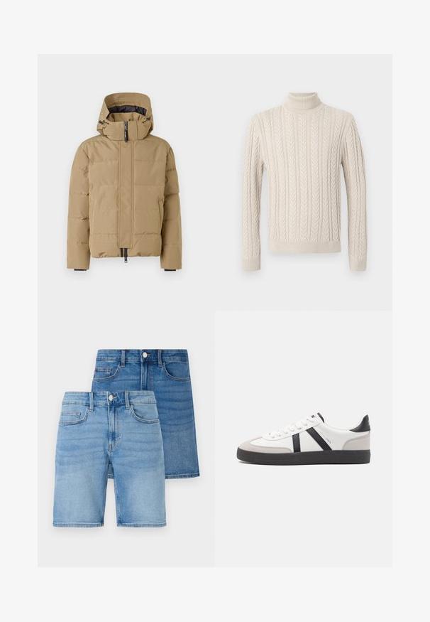 Beige puffer jacket with a detachable hood, zippered front, and stitched panels. Features elastic cuffs and a smooth exterior finish.; Beige, knitted sweater with a high, ribbed turtleneck. Features a textured cable pattern and ribbed cuffs and hem, offering a cozy appearance.; Denim shorts and skirt set, featuring light and medium blue washes, classic five-pocket design, and metal button accents.; White sneaker with black and gray accents, featuring a textured gray toe cap, black rubber sole, and flat white laces. Clean design, minimalist style.