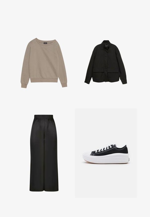 Zwarte jas met een hoge kraag, ritssluiting aan de voorkant en twee grote klepzakken. Gemaakt van een gladde, lichte stof met een relaxte pasvorm.; Beige sweatshirt met lange mouwen, een wijde halslijn en geribbelde manchetten. Zachte stof, relaxte pasvorm, beschikt over minimale naden en geen patronen.; Zwarte wijde broek gemaakt van soepel, glanzend materiaal met een elastische tailleband en zonder zichtbare zakken of hardware-details.; Zwarte canvas sneakers met witte veters, een witte rubberen teenkap en een chunky witte tussenzool. Bevat subtiele witte stiksels en een gumzool.