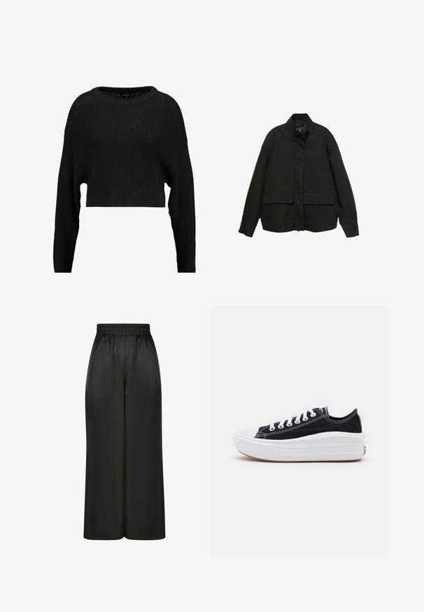 Zwarte jas met een hoge kraag, ritssluiting aan de voorkant en twee grote klepzakken. Gemaakt van een gladde, lichte stof met een relaxte pasvorm.; Zwarte gekorte gebreide trui met een losse pasvorm, wijde halslijn en lange mouwen, met een getextureerd ribpatroon overal.; Zwarte wijde broek gemaakt van soepel, glanzend materiaal met een elastische tailleband en zonder zichtbare zakken of hardware-details.; Zwarte canvas sneakers met witte veters, een witte rubberen teenkap en een chunky witte tussenzool. Bevat subtiele witte stiksels en een gumzool.