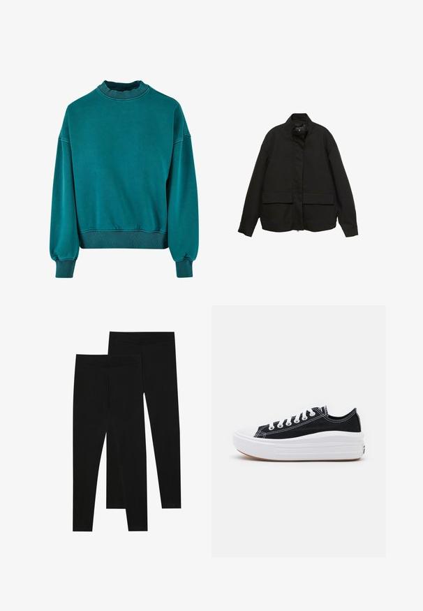 Črna jakna z visokim ovratnikom, sprednjim zadrgo in dvema velikima žepoma s poklopcem. Narejena iz gladkega, lahkega materiala s sproščenim krojem.; Turkizna majica s dolgimi rokavi in okroglim ovratnikom, z rebrastimi manšetami in spodnjim robom. Narejena iz mehkega materiala z gladko teksturo in sproščenim krojem.; Črne legice iz raztegljive tkanine, z brezšivnim pasom in oprijetim krojem, primerne za prosti čas ali vadbo.; Črne platnene športne copate z belimi vezalkami, belim gumijastim prstnim zaščitnikom in masivnim belim srednjim podplatom. Imajo subtilne bele šive in gumijast podplat.