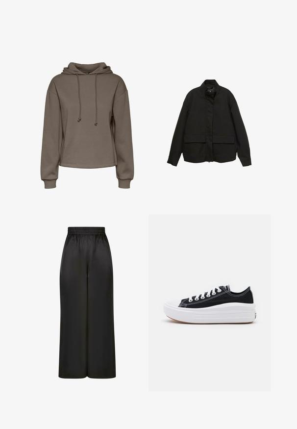 Crna jakna s visokim ovratnikom, prednjim zatvaračem i dva velika džepa s preklopom. Izrađena je od glatkog, laganog materijala s opuštenim krojem.; Smeđa dukserica s kapuljačom i špagama, širokim rukavima i skraćenim dizajnom. Mekana tekstura s rebrastim manžetama i ravnim rubom.; Crne široke hlače napravljene od glatkog, sjajnog materijala s elastičnim pojasom i bez vidljivih džepova ili metalnih detalja.; Crne platnene tenisice s bijelim vezicama, bijelim gumastim vrhom i debelim bijelim međusolom. Imaju suptilnu bijelu šav, a đon je od gume.