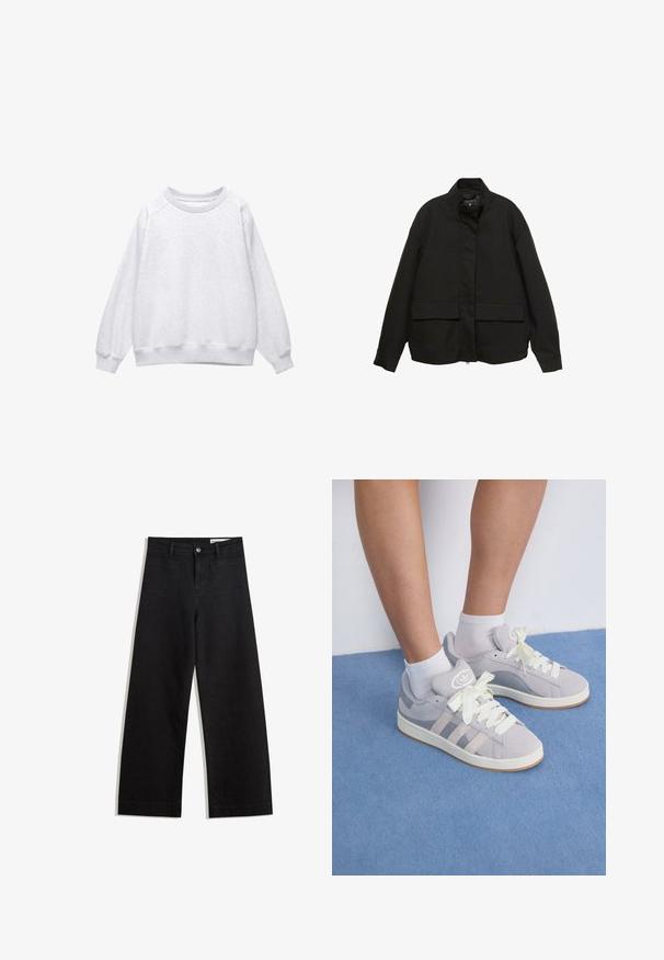 Giacca nera con colletto alto, chiusura frontale con zip e due ampie tasche a patta. Realizzata in un tessuto morbido e leggero con una vestibilità comoda.; Felpa grigia chiara con colletto a giro e maniche lunghe, con polsini e orlo a costine, esposta piana su sfondo bianco.; Pantaloni in denim neri a gamba larga con vita alta, dotati di tasche anteriori e posteriori, cuciture a punto, e chiusura con bottone. Texture liscia.; Sneaker in suede grigio con lacci bianchi e suola in gomma, dotate di tre strisce diagonali sul lato e un'etichetta con logo sulla linguetta.