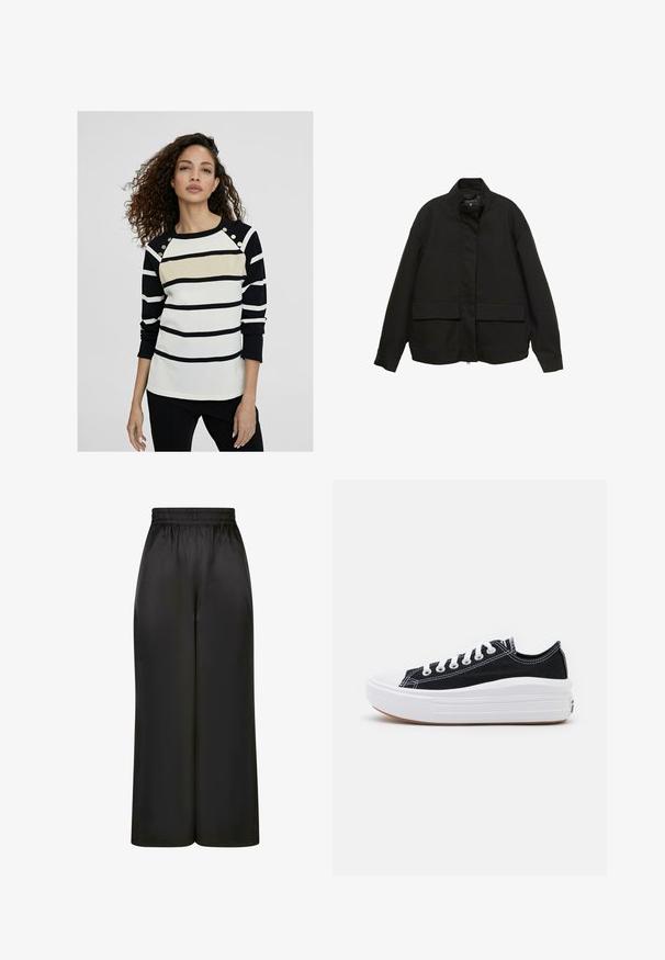 Černá bunda s vysokým límcem, předním zipem a dvěma velkými kapsami na klopy. Vyrobena z hladké, lehké látky s volným střihem.; Pruhovaná košile s dlouhým rukávem v černé, bílé a zlaté barvě. Má zlaté akcentové knoflíky na ramenou a jemnou texturu. Normální střih.; Černé široké kalhoty vyrobené z hladké, lesklé látky, s elastickým pasem bez viditelných kapes nebo kovových detailů.; Černé plátěné tenisky s bílými tkaničkami, bílým gumovým špičkovým krytem a masivní bílou střední podrážkou. Mají jemné bílé švy a gumovou podešev.
