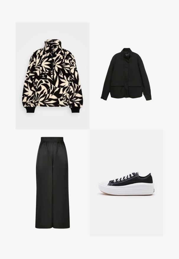 Crna jakna s visokim ovratnikom, prednjim zatvaračem i dva velika džepa s preklopom. Izrađena je od glatkog, laganog materijala s opuštenim krojem.; Crni i krem polar pulover s visokim ovratom, polu patentnim zatvaračem i uzorkom lišća. Manžetne imaju crne elastične trake za čvrsto prianjanje.; Crne široke hlače napravljene od glatkog, sjajnog materijala s elastičnim pojasom i bez vidljivih džepova ili metalnih detalja.; Crne platnene tenisice s bijelim vezicama, bijelim gumastim vrhom i debelim bijelim međusolom. Imaju suptilnu bijelu šav, a đon je od gume.