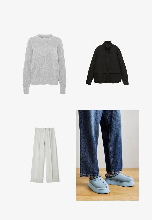 Jachetă neagră cu guler înalt, închidere cu fermoar frontal și două buzunare mari cu clapetă. Fabricată dintr-un material neted, ușor, cu o croială lejeră.; Pulover tricotat gri cu mâneci lungi, guler rotund, manșete și tiv cu nervuri, având o textură moale și o croială lejeră.; Pantaloni largi de culoare gri deschis, confecționați dintr-un material texturat, având închidere cu nasture și două plii în față pentru un detaliu suplimentar.; Mocasini UGG din suede albastru, cu talpă groasă, purtați cu blugi blue pe un podea de lemn, pe un fundal simplu.