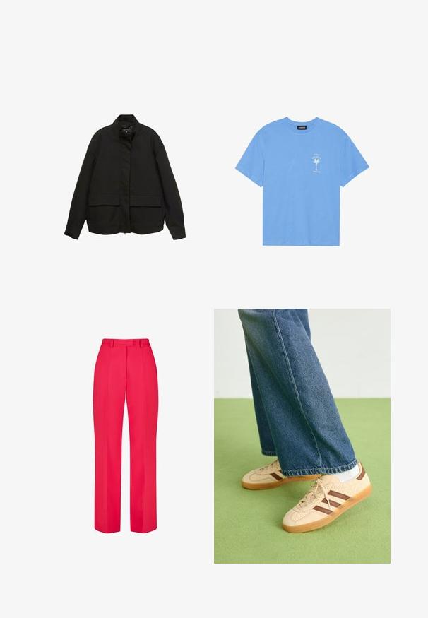 Schwarze Jacke mit hohem Kragen, Frontreißverschluss und zwei großen Klappentaschen. Aus einem glatten, leichten Stoff gefertigt und mit einer lockeren Passform.; Helles, blaues Baumwoll-T-Shirt mit rundem Halsauschnitt. Verziert mit einem weißen Grafiken eines Palmenbaums und Text auf der linken Brustseite. Kurzärmlig.; Leuchtend rote maßgeschneiderte Hose mit gerader Beinform, versehen mit vorderen Bügelfalten und einer glatten Textur. Der Bund ist mit Gürtelschlaufen ausgestattet.; Beige Sneakers mit strukturierten cremefarbenen Paneelen und braunen Streifen, kombiniert mit blauen Jeans. Die Jeans haben einen weiten Beinschnitt und einen fransigen Saum.