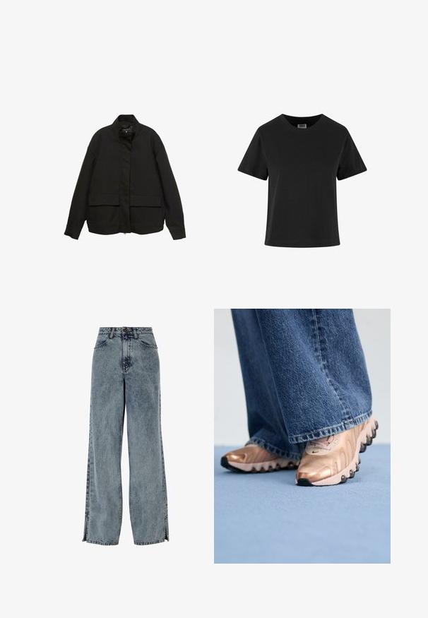 Mustan takki, jossa on korkea kaulus, etuvetoketju ja kaksi suurta läpällistä taskua. Valmistettu sileästä, kevyestä kankaasta, jossa on rento malli.; Musta puuvillapaita, jossa on lyhyet hihat, pyöreä kaula-aukko ja rento istuvuus. Sujuva pinta ilman näkyviä kuvioita tai koristeluja.; Laivansiniset leveälahkeiset farkut, joissa on haalistunut pesu, etutaskut, nappikiinnitys ja sivuaukot hemmoissa.; Tennarit, joissa on metallinhohtoinen ruusukultainen päällinen ja tekstuurinen muotoilu, varustettuna mustilla kumipohjilla. Yhdistettyinä leveälahkeisten sinisten farkkujen kanssa.