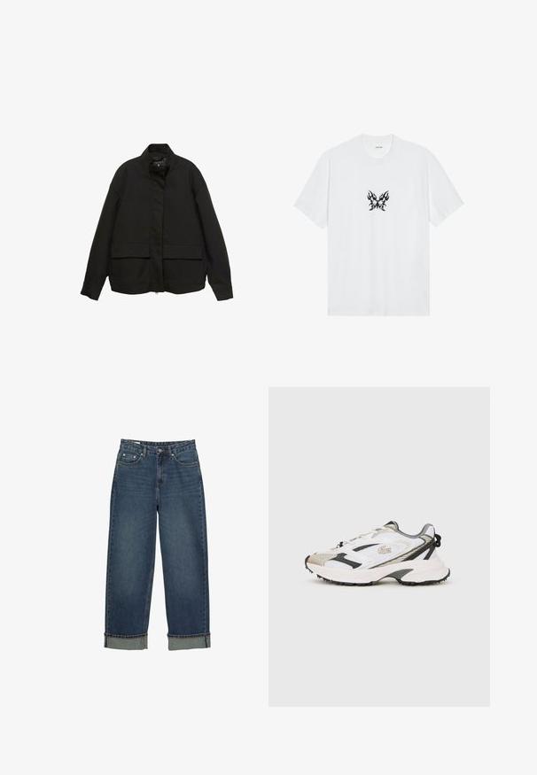 Giacca nera con colletto alto, chiusura frontale con zip e due ampie tasche a patta. Realizzata in un tessuto morbido e leggero con una vestibilità comoda.; T-shirt bianco in cotone con maniche corte e collo tondo. Presenta una grafica centrale di una farfalla con motivo a fiamme nere. Texture liscia.; Jeans in denim a gamba larga di lavaggio blu scuro, con chiusura a bottone, cinque tasche e orli risvoltati per una silhouette strutturata.; Scarpe da ginnastica bianche e grigie con parte superiore in rete, accenti neri e suola testurizzata. Presentano lacci, branding e elementi di design a contrasto.