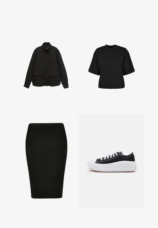 Schwarze Jacke mit hohem Kragen, Frontreißverschluss und zwei großen Klappentaschen. Aus einem glatten, leichten Stoff gefertigt und mit einer lockeren Passform.; Schwarzes, kurz geschnittenes T-Shirt aus Baumwolle. Hat kurze Ärmel und einen runden Halsausschnitt. Glatte Textur mit einem schlichten Design, ohne zusätzliche Muster.; Schwarzer, gerippter Bleistiftrock mit einem figurbetonten Design. Verfügt über einen hohen Taillenbund und einen strukturierten Stoff, der eine glatte Silhouette bietet.; Schwarze Canvas-Sneaker mit weißen Schnürsenkeln, weißer Gummikappe und einer massiven weißen Zwischensohle. Besondere Merkmale sind dezente weiße Nähte und eine Gummisohle.