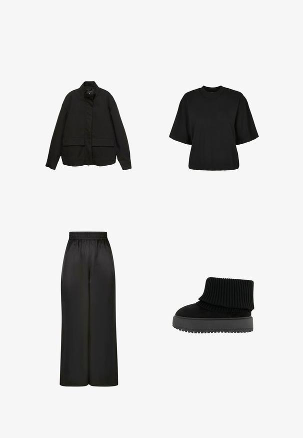 Čierna bunda s vysokým golierom, predným zipsom a dvoma veľkými vreckami na klopu. Vyrobená z hladkej, ľahkej tkaniny s voľným strihom.; Čierne skrátené tričko z bavlny. Disponuje krátkymi rukávmi a okrúhlym výstrihom. Hladká textúra s jednoduchým dizajnom, bez ďalších vzorov.; Čierne široké nohavice vyrobené z hladkého, lesklého materiálu s elastickým pásom a bez viditeľných vreciek či kovových detailov.; Čierne členkové topánky s rebrovaným pleteným golierom a plochou, textúrovanou podrážkou. Vyrobené z kombinácie semišu a elastických materiálov.