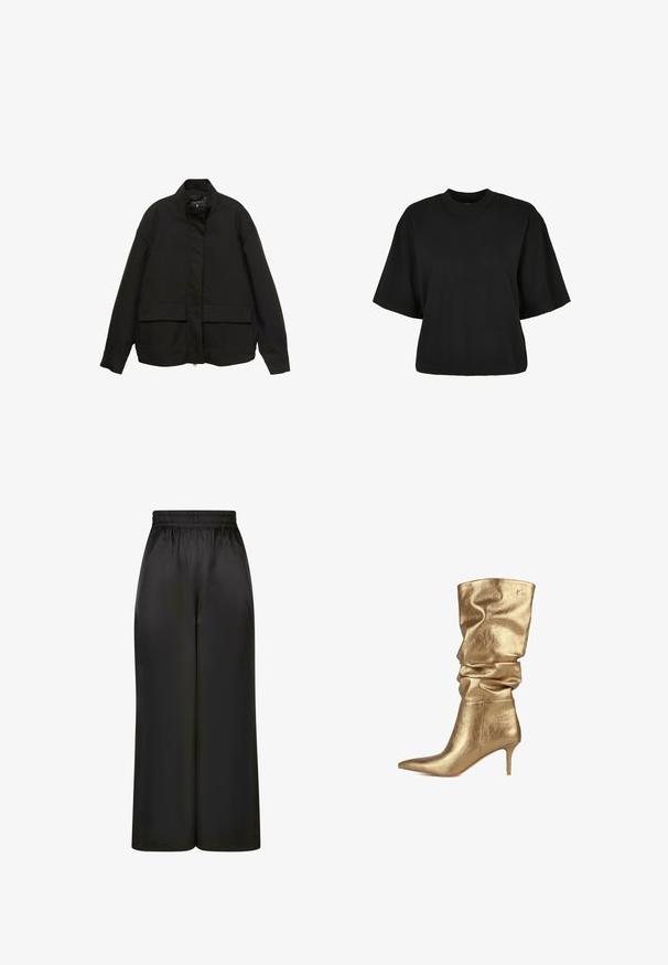 Černá bunda s vysokým límcem, předním zipem a dvěma velkými kapsami na klopy. Vyrobena z hladké, lehké látky s volným střihem.; Černé zkrácené tričko vyrobené z bavlny. Má krátké rukávy a kulatý výstřih. Hladký povrch s jednoduchým designem, bez dalších vzorů.; Černé široké kalhoty vyrobené z hladké, lesklé látky, s elastickým pasem bez viditelných kapes nebo kovových detailů.; LOLA CASADEMUNT Vysoká obuv - gold